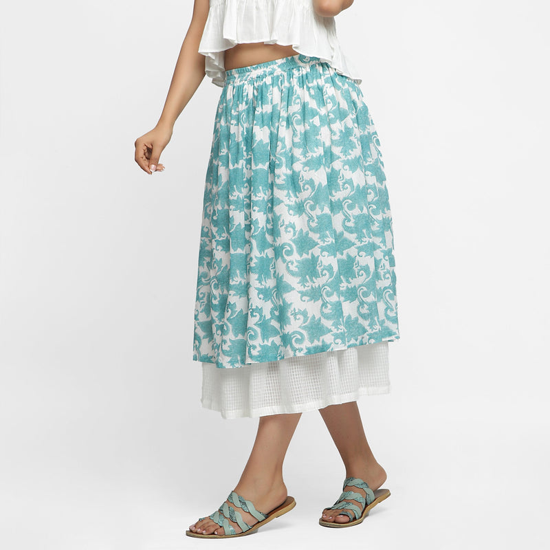 Left View of a Model wearing Sanganeri Hand Block Print Layered Skirt