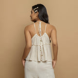 Back View of a Model wearing Ecru Cotton Flax Sleeveless Flared Top