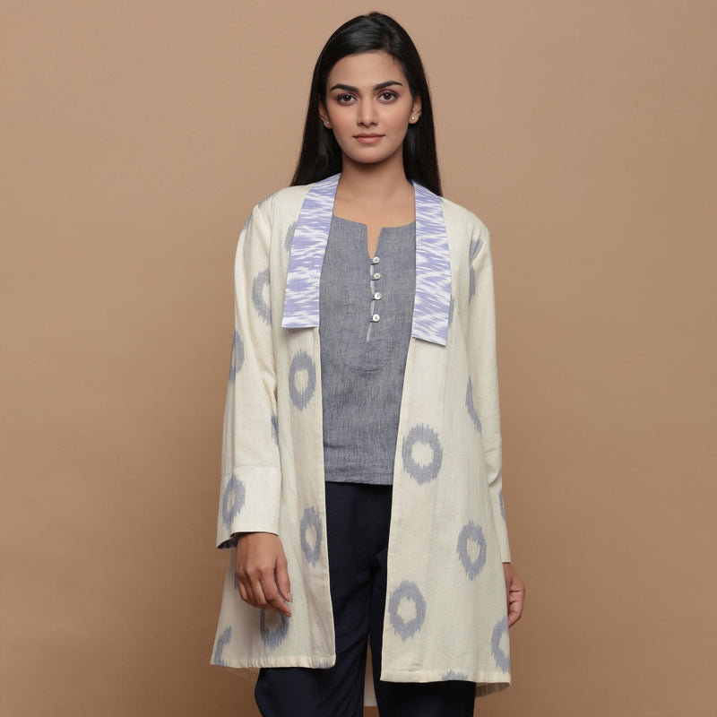 Front View of a Model wearing Shawl Collar Off-White Handwoven Shrug