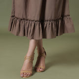 Close View of a Model wearing Taupe A-Line Ruffled Cotton Skirt