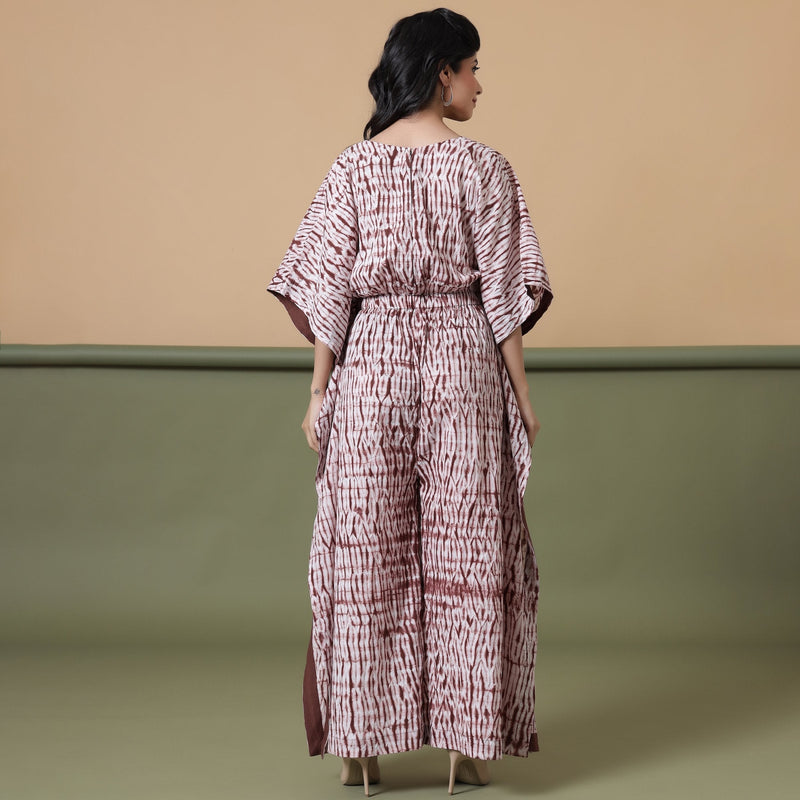 Back View of a Model wearing Shibori V-Neck Kaftan Jumpsuit