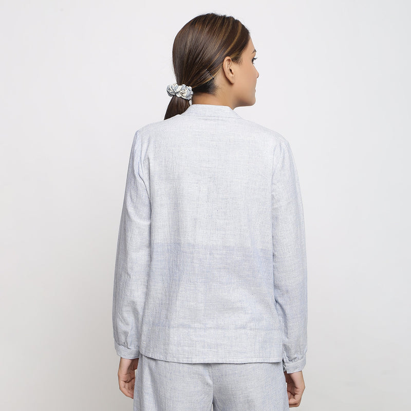 Back View of a Model wearing Sky Blue Handspun Button-down Shirt