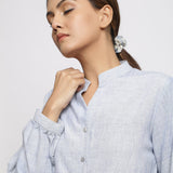 Front Detail of a Model wearing Sky Blue Handspun Button-down Shirt