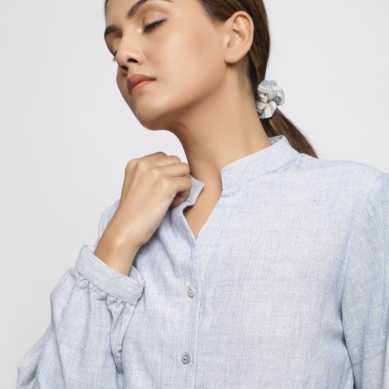 Front Detail of a Model wearing Sky Blue Handspun Button-down Shirt