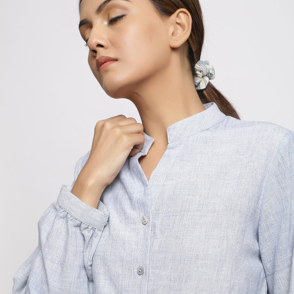 Front Detail of a Model wearing Sky Blue Handspun Button-Down Shirt