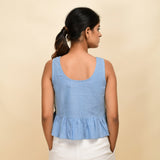 Back View of a Model wearing Sky Blue Jamdani 100% Cotton Peplum Top