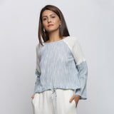 Front View of a Model wearing Sky Blue Yarn Dyed Cotton Straight Top