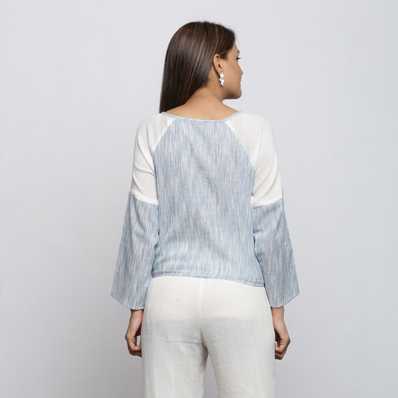 Back View of a Model wearing Sky Blue Yarn Dyed Cotton Straight Top