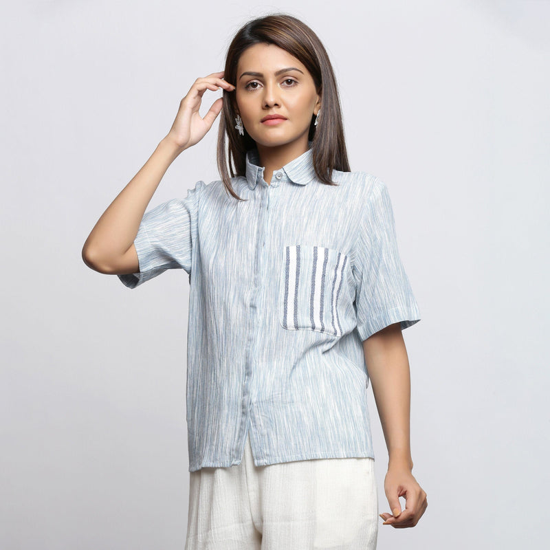 Front View of a Model wearing Sky Blue Yarn Dyed Button-Down Shirt