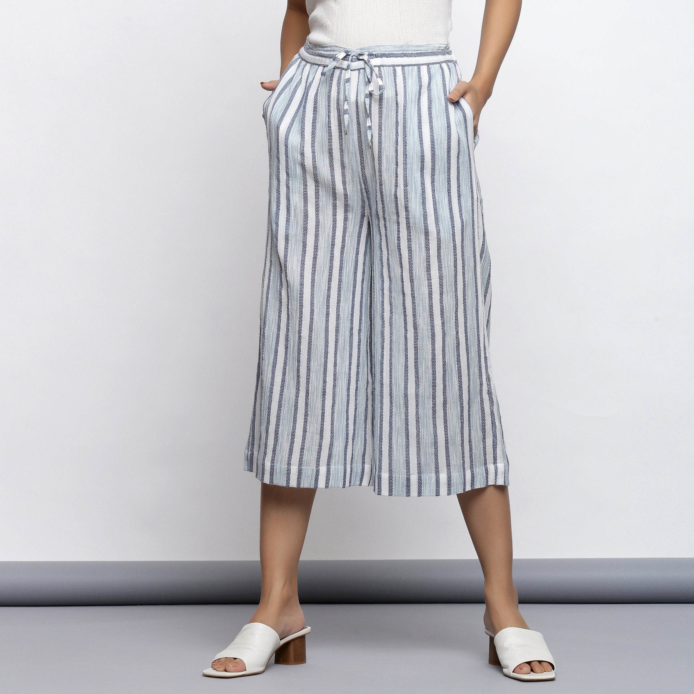 Front View of a Model Wearing Sky Blue Yarn Dyed Cotton Culottes