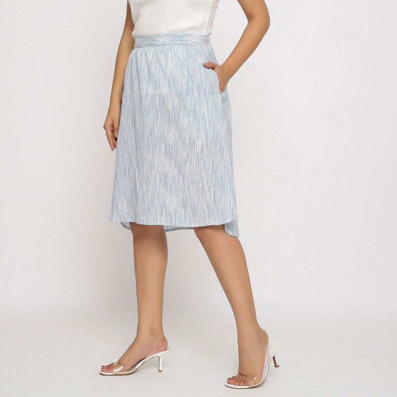 Left View of a Model wearing Sky Blue Yarn Dyed Cotton Relaxed Fit Skirt