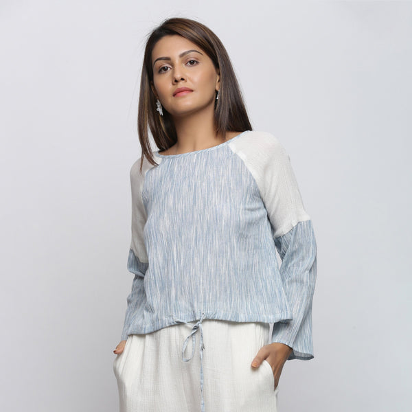 Front View of a Model wearing Sky Blue Yarn Dyed Cotton Straight Top