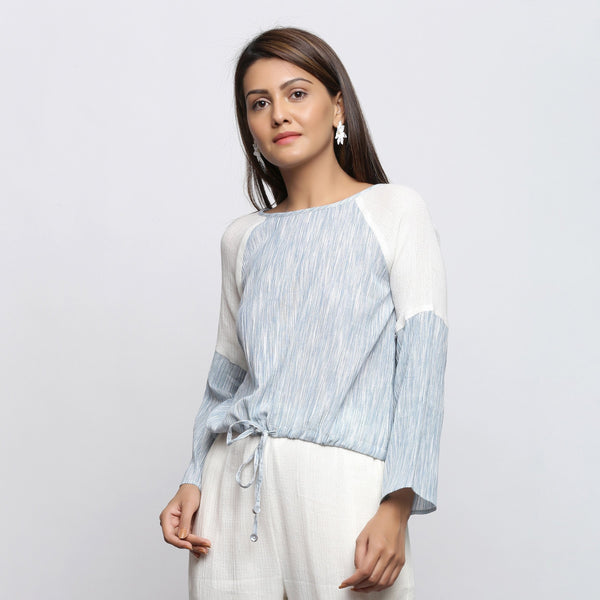 Front View of a Model wearing Sky Blue Yarn Dyed Cotton Straight Top