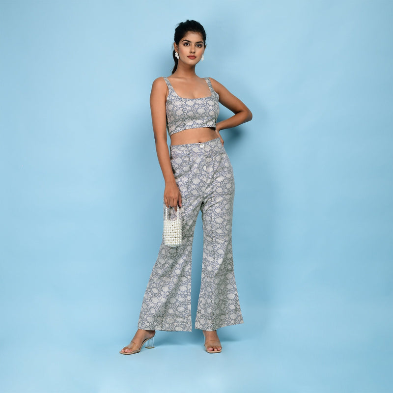 Front View of a Model wearing Slate Blue Block Printed 100% Cotton Bootcut Pant