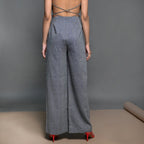 Back View of a Model wearing Slate Grey Handspun Cotton Wide Leg Pants