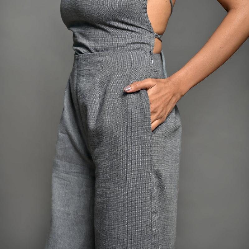 Front Detail of a Model wearing Slate Grey Handspun Cotton Wide Leg Pants