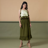 Front View of a Model wearing Olive Green Top and A-Line Skirt Set