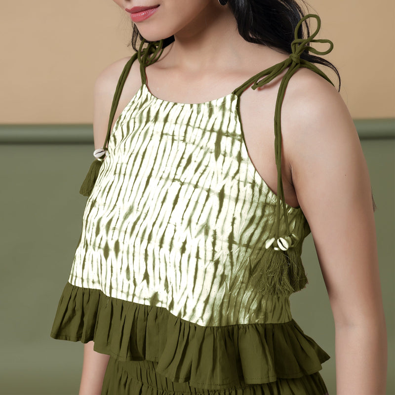 Front Detail of a Model wearing Olive Green Shibori Camisole Top