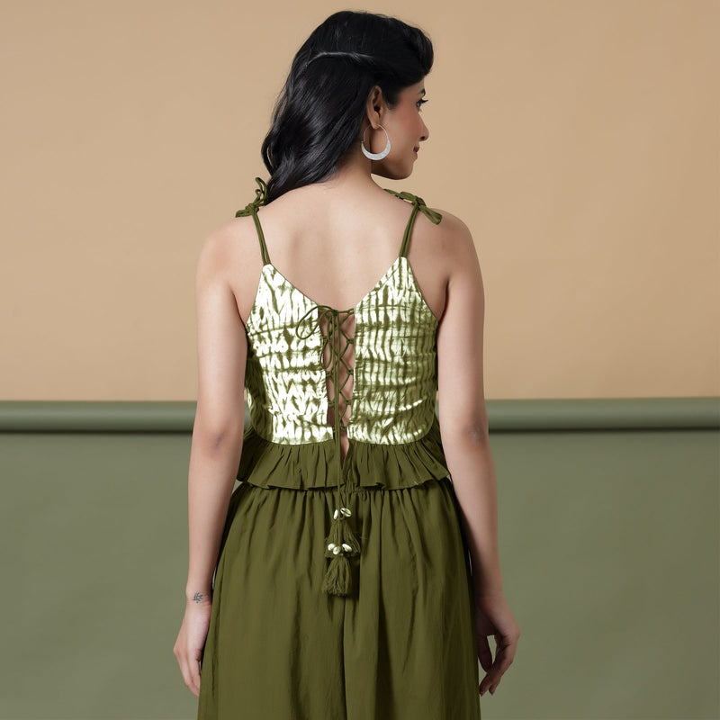 Back View of a Model wearing Olive Green Shibori Camisole Top