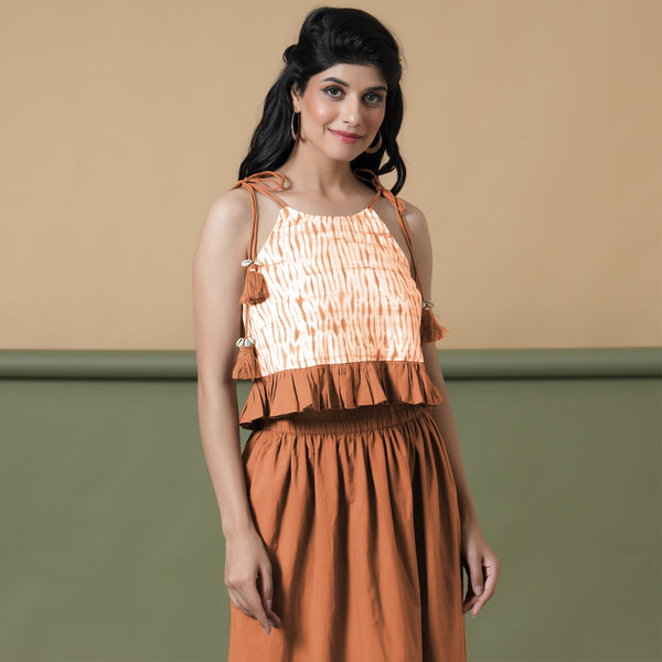 Right View of a Model wearing Orange Shibori Camisole Top