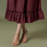 Close View of a Model wearing Maroon A-Line Ruffled Cotton Skirt