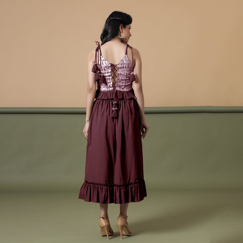 Back View of a Model wearing Maroon A-Line Ruffled Cotton Skirt