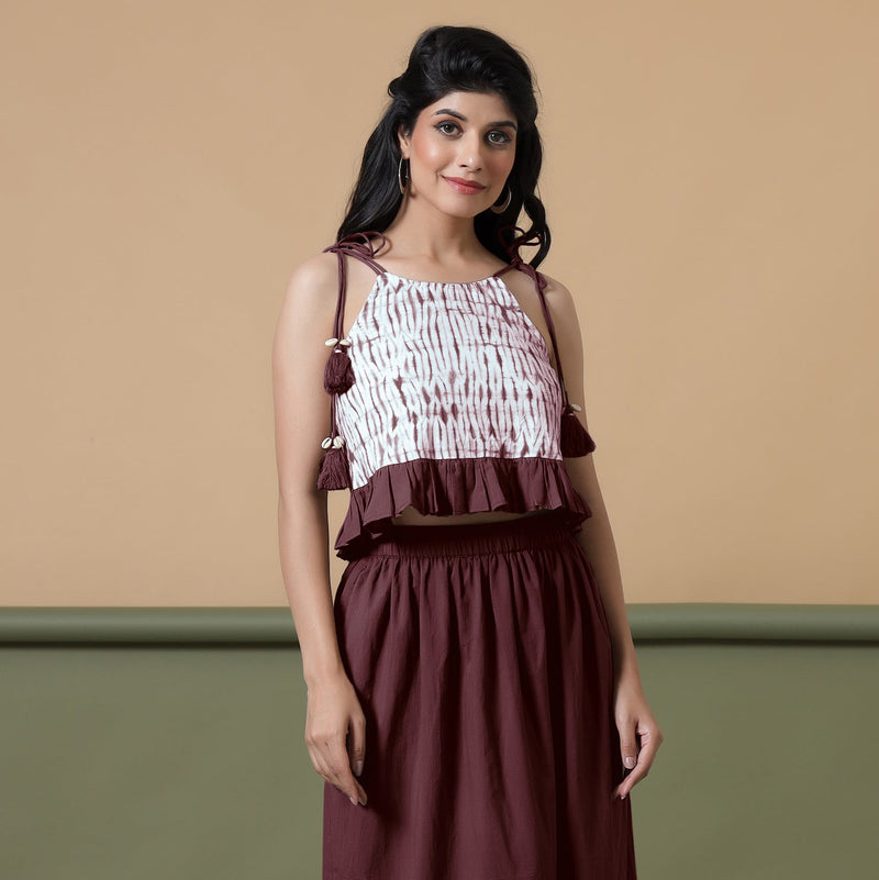 Front View of a Model wearing Maroon Shibori Camisole Top