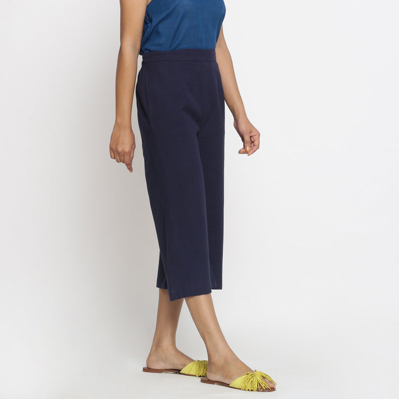 Right View of a Model wearing Solid Navy Blue Cotton Flax Culottes