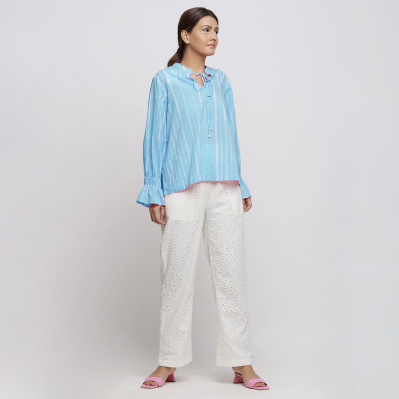 Blue Shirring Cotton Blouson Top and White Elasticated Pant Co-ord Set