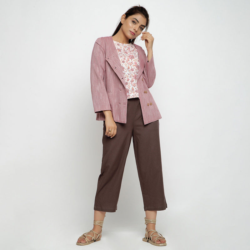 Front View of a Model wearing Solid Brown Cotton Flax Culottes