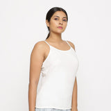 Right View of a Model wearing Solid White Cotton Moss Spaghetti Top