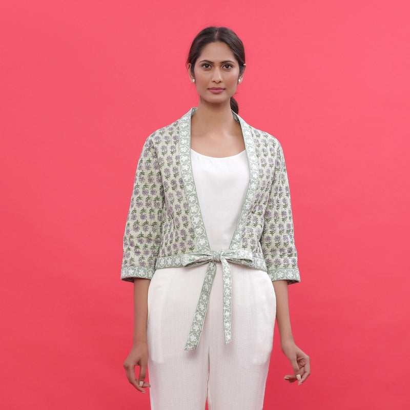 Front View of a Model wearing Green Reversible Quilted Cotton Shrug