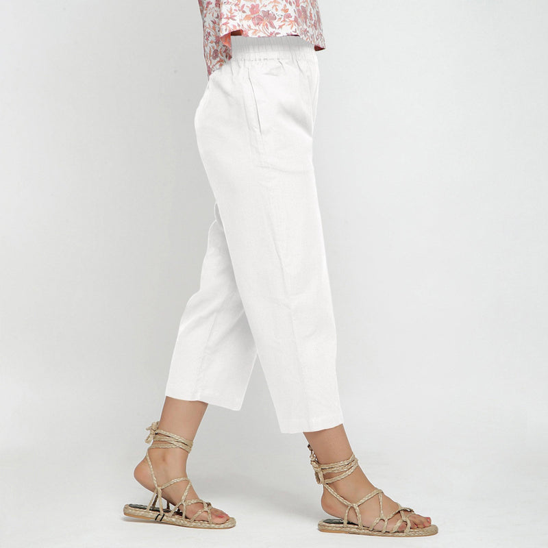 Right View of a Model wearing Solid White Cotton Flax Culottes