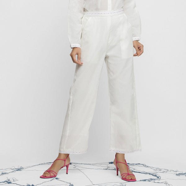 Front View of a Model wearing Solid White Hand Beaded Straight Pant