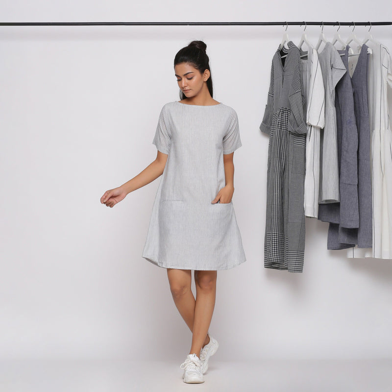 Grey Striped Boat Neck Cotton Knee Length Shift Dress