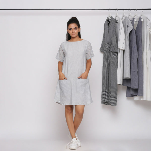 Grey Striped Boat Neck Cotton Knee Length Shift Dress