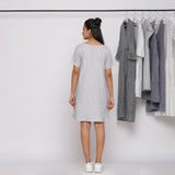 Grey Striped Boat Neck Cotton Knee Length Shift Dress