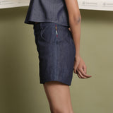 Left View of a Model wearing Indigo Cotton Denim Paneled Shorts