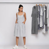 Grey Striped Cotton Sweetheart Neck Knee Length Dress