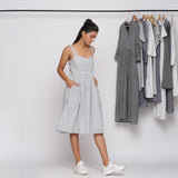 Grey Striped Cotton Sweetheart Neck Knee Length Dress