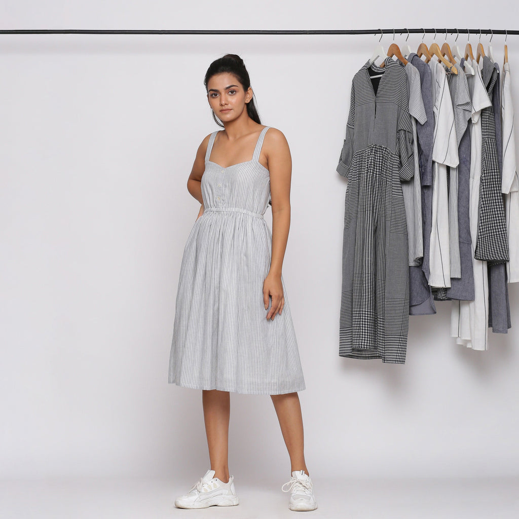 Grey Striped Cotton Sweetheart Neck Knee Length Dress