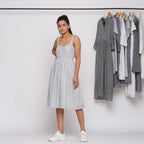Grey Striped Cotton Sweetheart Neck Knee Length Dress