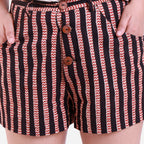 Front Detail of a Model wearing Striped Mobile Pocket Bagru Short Shorts