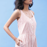 Front Detail of a Model wearing Striped Pink Cotton Button-Down Jumpsuit