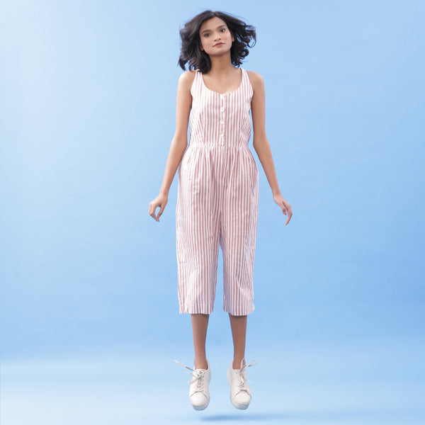 Front View of a Model wearing Striped Pink Cotton Button-Down Jumpsuit