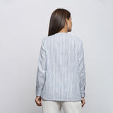 Back View of a Model wearing Yarn Dyed Cotton Striped Tie Neck Top