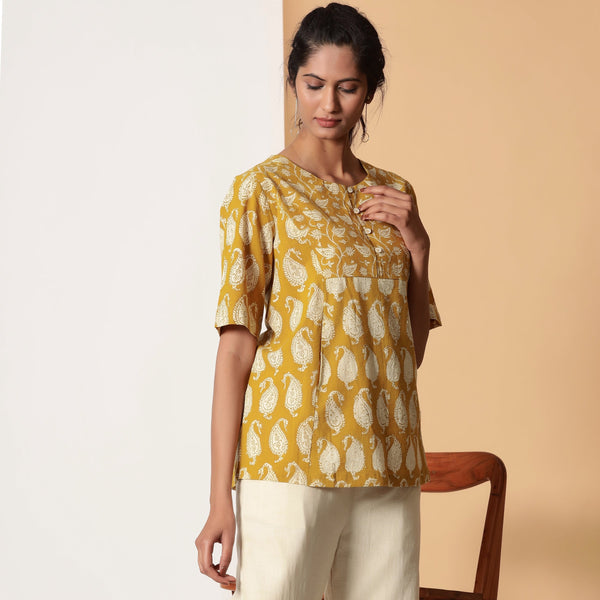 Mustard Floral Block Printed Cotton Princess Line Top