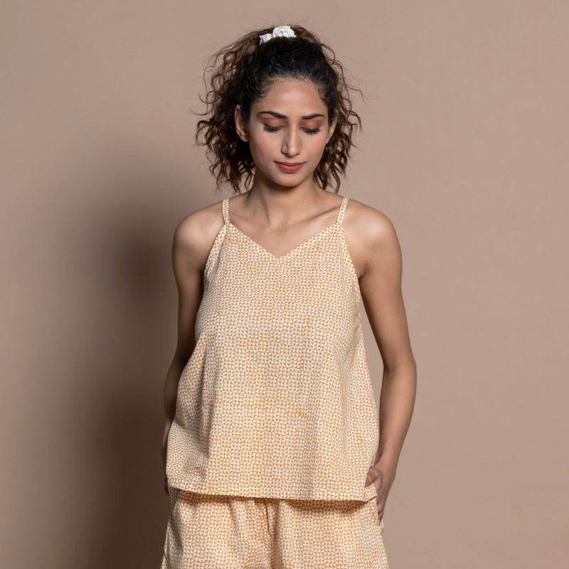 Front View of a Model wearing Sunset Orange Cotton Block Print Cami Top