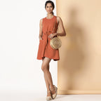 Front View of a Model wearing Sunset Orange Cotton Corduroy Paneled Dress
