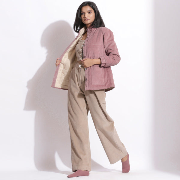 Front View of a Model wearing Taupe Beige and Mauve 3-Piece Set